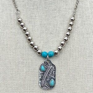 Beaded Feather Dog Tag Necklace with Turquoise